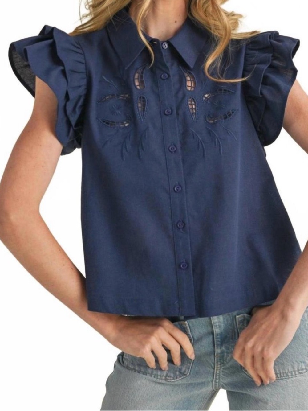 Navy Cutout Button-Front Ruffle Sleeve Shirt